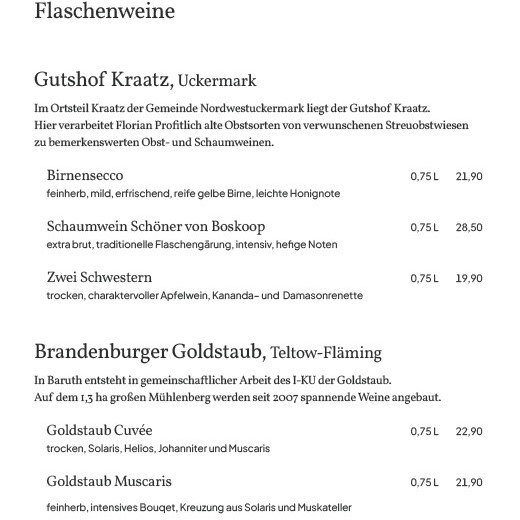 Weinkarte Gutshof Kraatz und Brandenburger Goldstaub