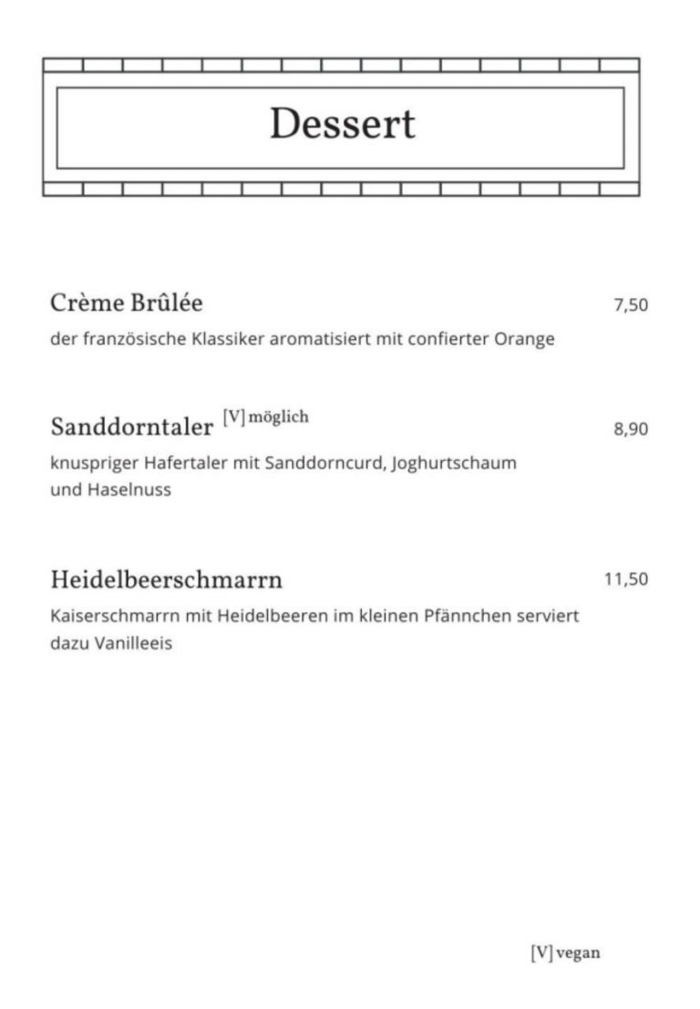 Dessertkarte des Lokals in Eberswalde