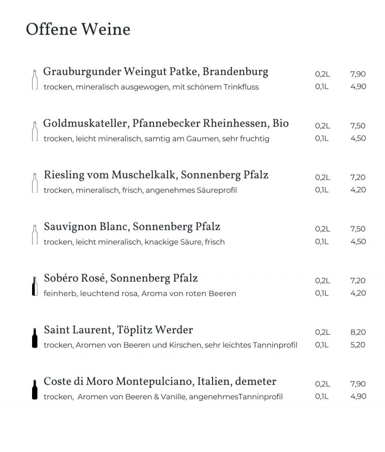 Weinkarte der offenen Weine in der Kochkommode Eberswalde