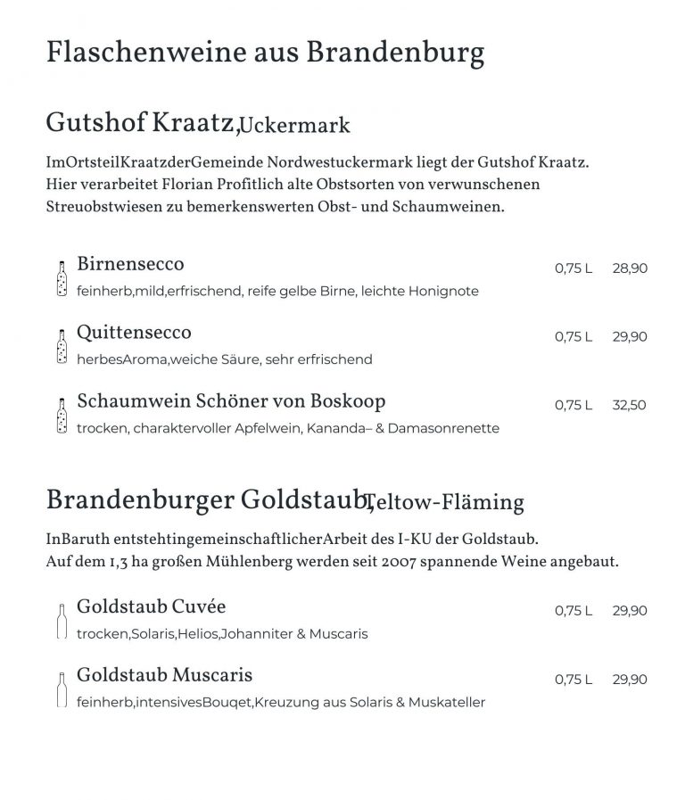 Obstweine und Weine aus Brandenburg auf der Karte