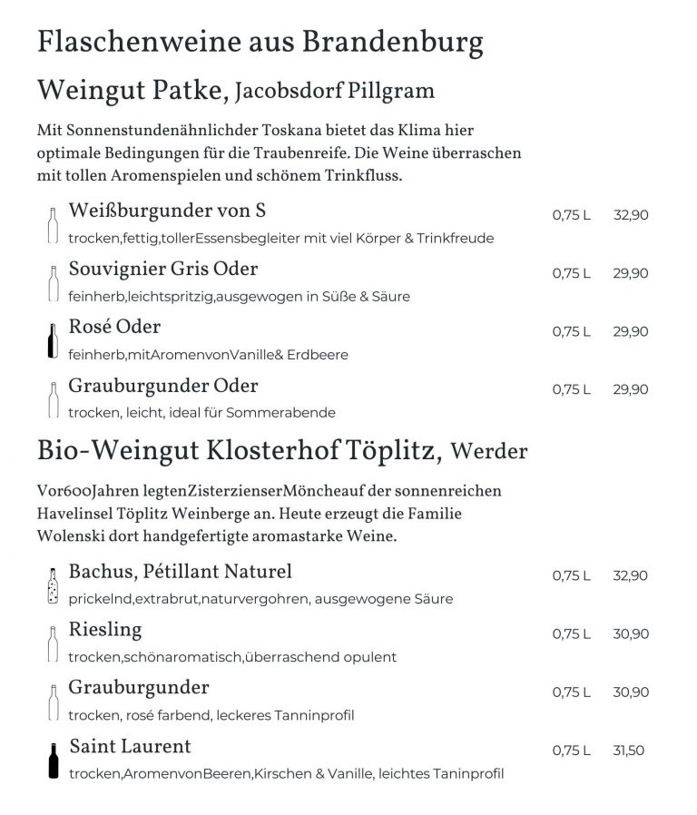 Brandenburger Weinkarte im Lokal